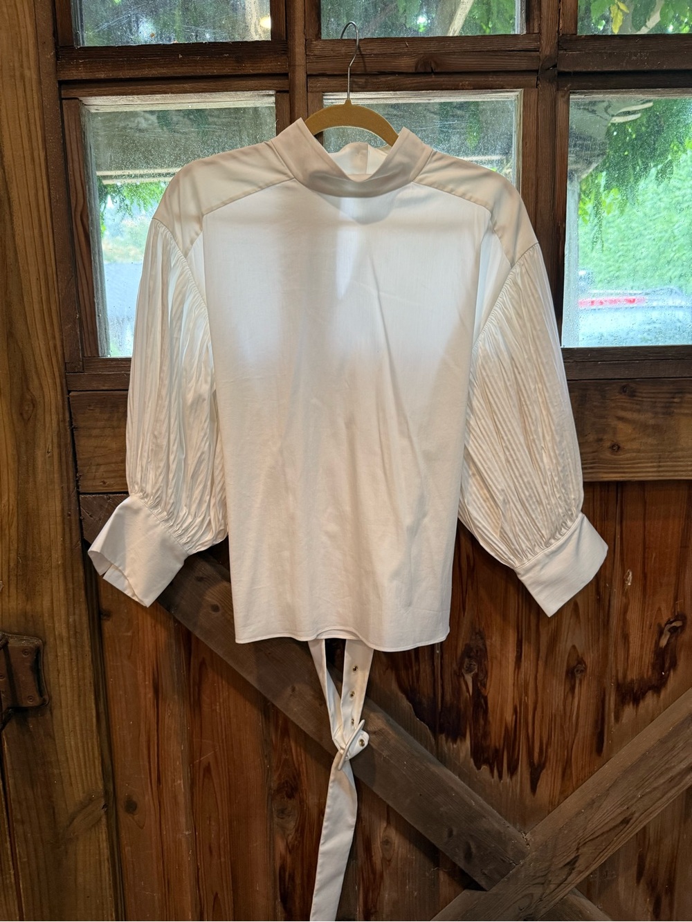 kate spade White Mock-Neck Blouse with Pleated Balloon Sleeves